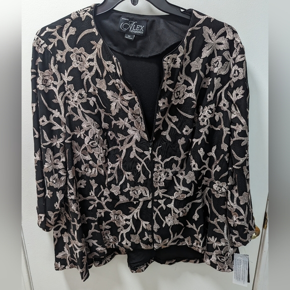 Alex Evenings, Embroided Tulle 3/4 Sleeve Zip Jacket with Peplum Hem, 3XL - Picture 1 of 3